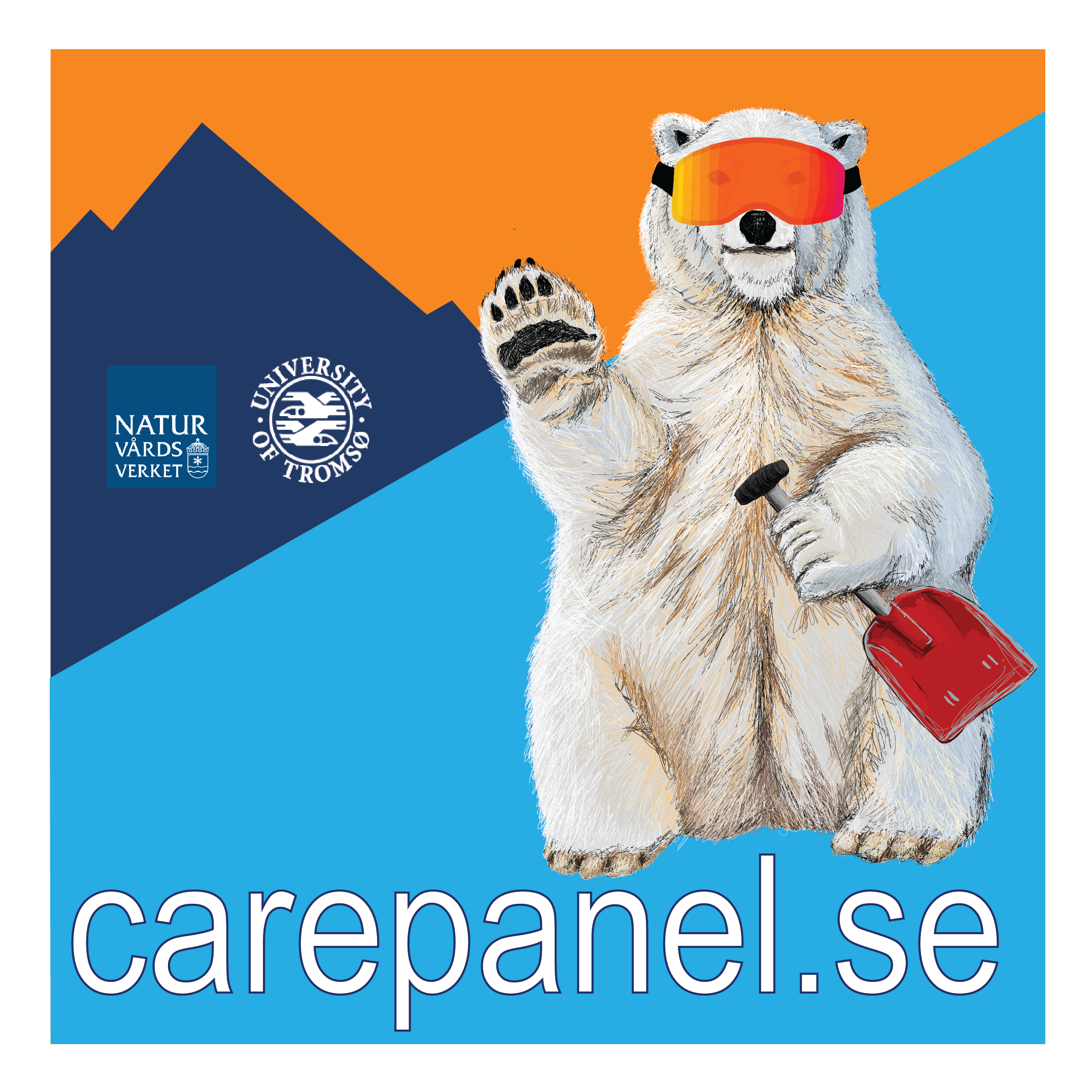 Illustration med en isbjörn i skidglasögon som håller i en skyffel i tassen. Texten Carepanel.se står under.